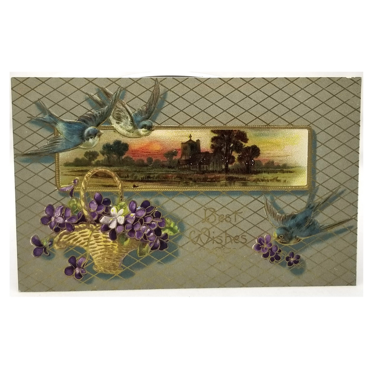 Greetings Postcard Best Wishes Blue Birds Basket of Violets with Gold Trim Embossed Unused Card