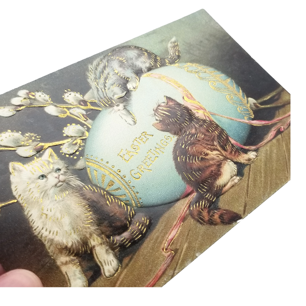 Easter Postcard 1900s Kittens Playing Atop Giant Blue Painted Egg Pussy Willows Gold Highlights