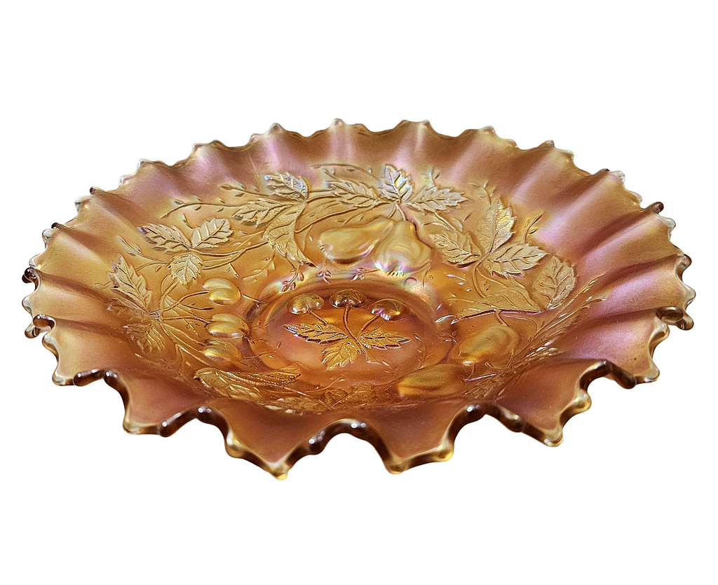 Northwood Marigold Three Fruits Carnival Glass Bowl Pie Crust Border