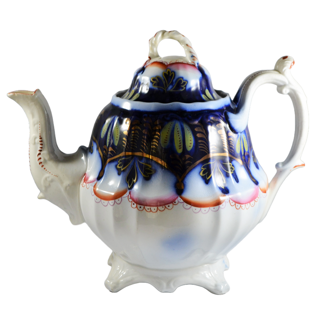 19th Century Rare Staffordshire Gaudy Welsh Ironstone Banana Flow Blue Teapot