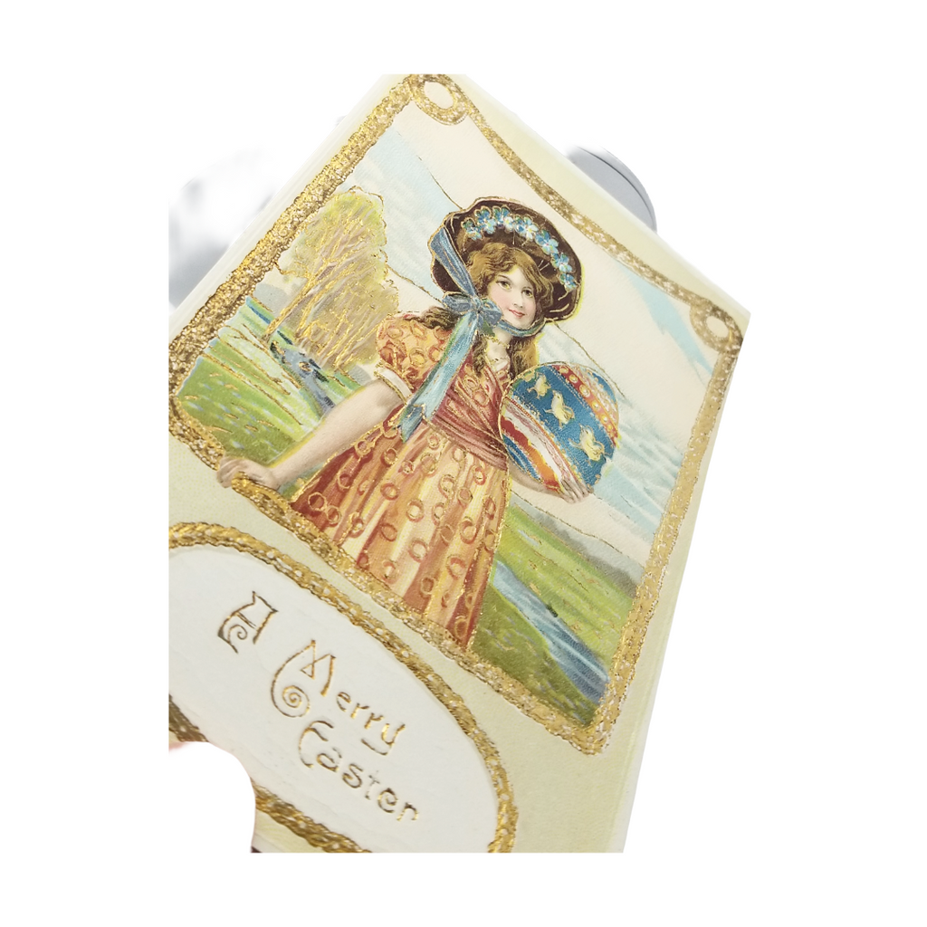 Art Nouveau Easter Postcard Gold Highlights Girl Holding Painted Egg with Chicks