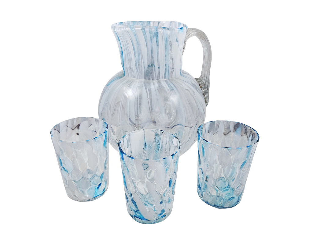 Phoenix Spot Optic Spatter Glass Four Piece Water Set Pitcher Tumblers Opal Blue