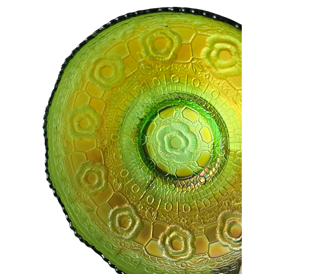 Antique Fenton Green Captive Rose Carnival Glass Round Bowl