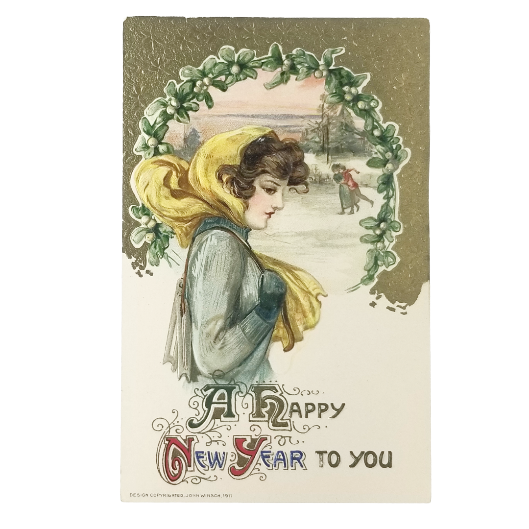 New Year Postcard Woman Blue Yellow Dress Skating Scene Winsch Schmucker