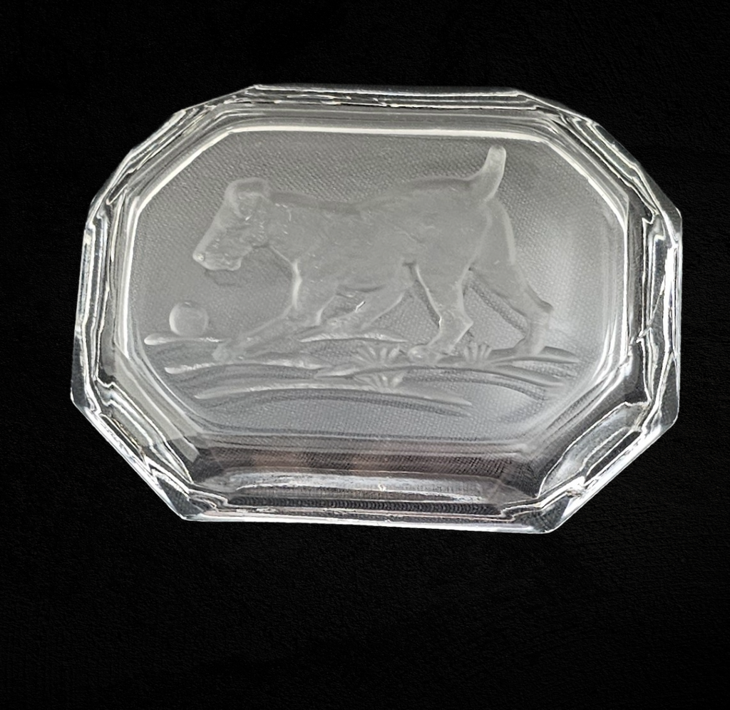 Art Deco Bohemian Czech Intaglio Glass Open Salt Cellar Schnauzer Dog w/ Ball