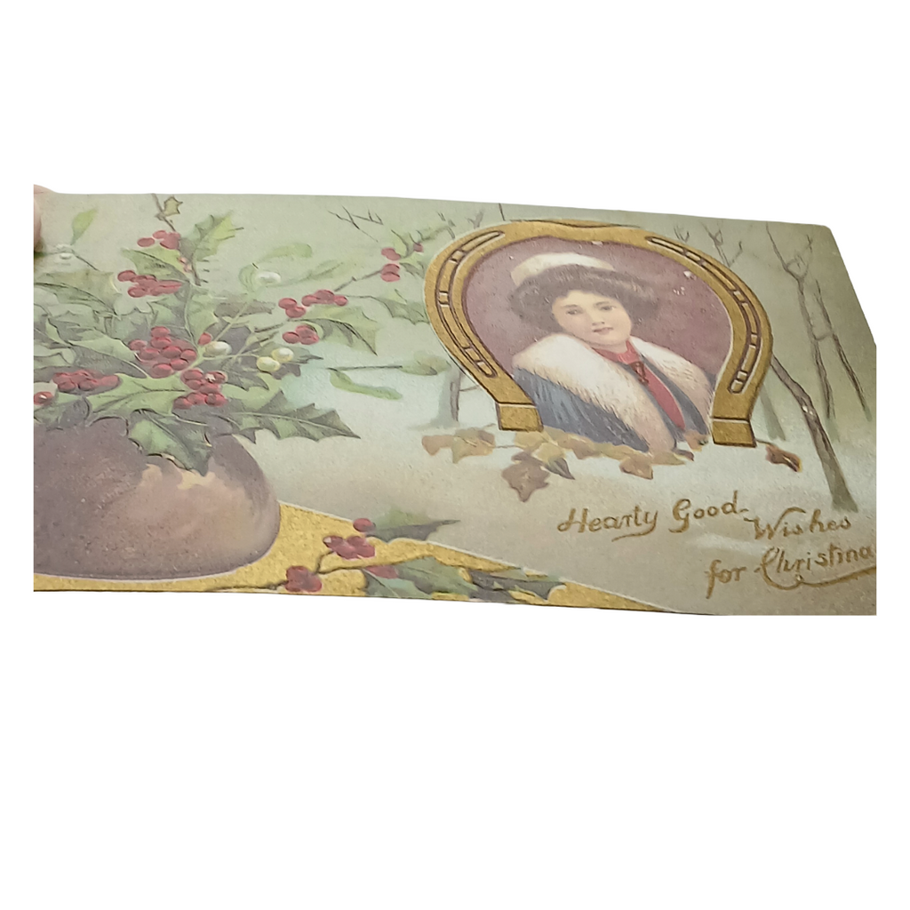 Christmas Postcard Gold Embossed Card Woman in Winter Holly 2045