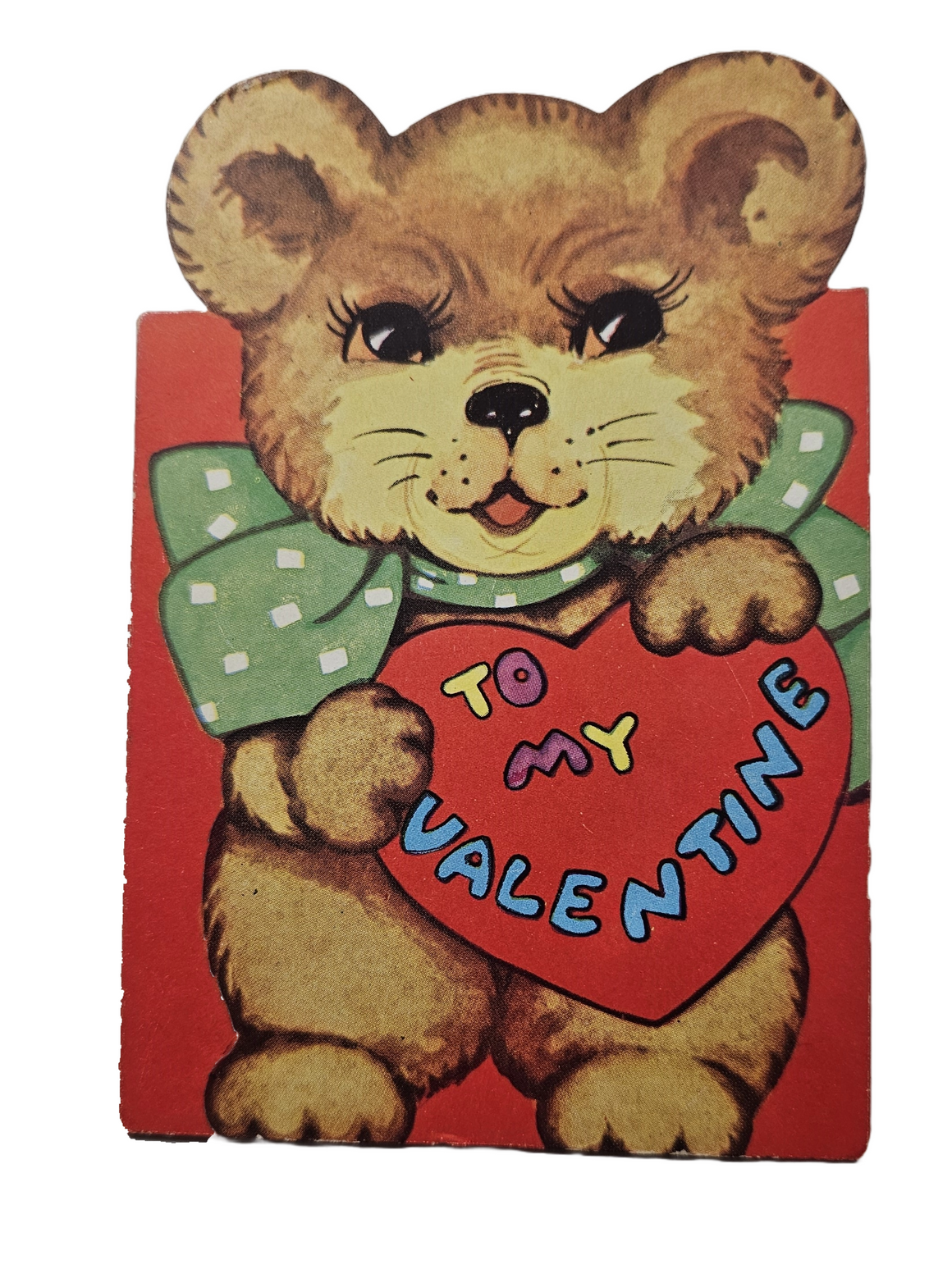 Vintage Antique Die Cut Valentine Card Teddy Bear in Bow Holding Giant Heart