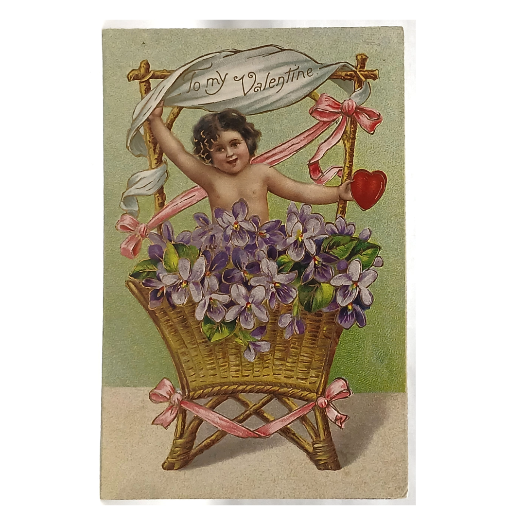 Antique Vintage German Valentine Postcard, Cupid Cherub in Gold Basket with Purple Violet Flowers Golden Highlights