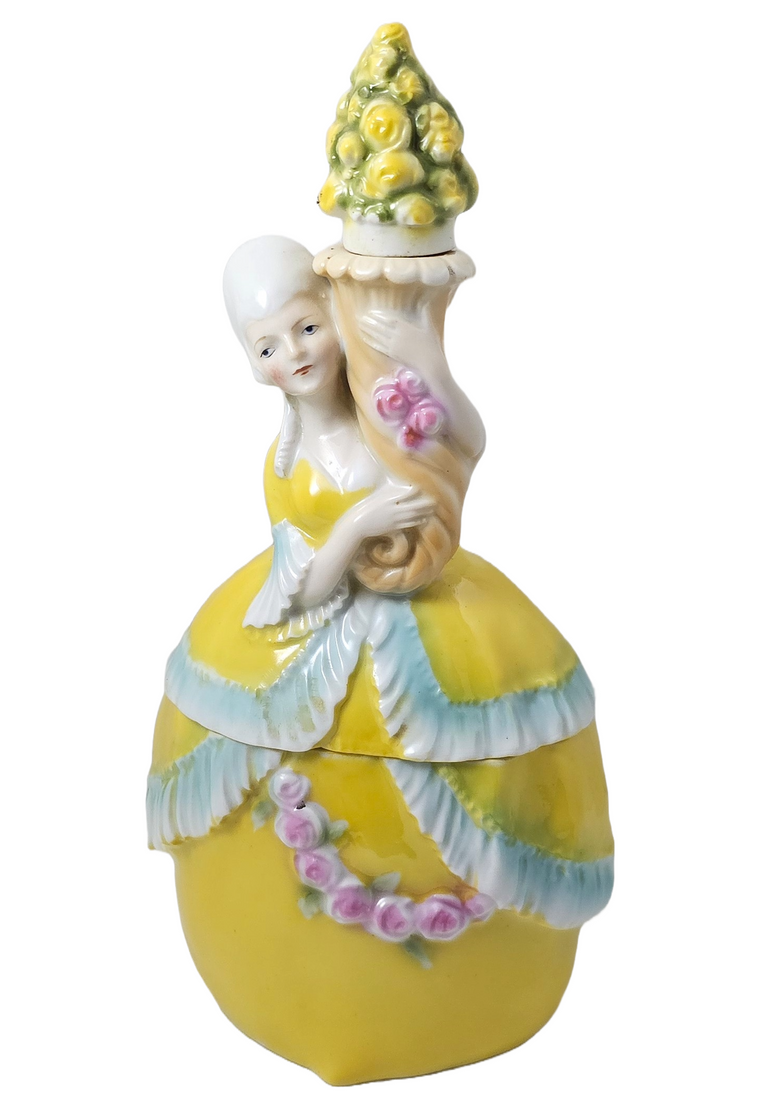 Bavarian Porcelain Erphila Yellow Figural Woman Powder Box Jar & Perfume Half Doll