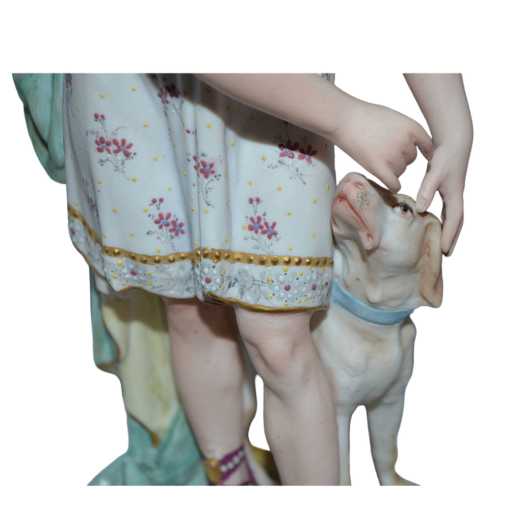 Old Paris French Bisque Sculpture Man and Dog Hand Painted Biscuit Porcelain 12" T Early Embossed Mark