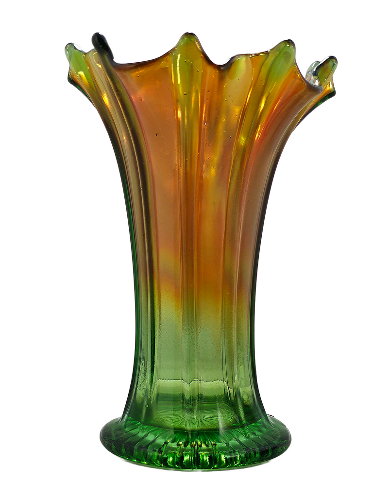 Antique Northwood Thin Ribbed Carnival Glass Vase, Marigold & Green Standard Swung Carnival Vase