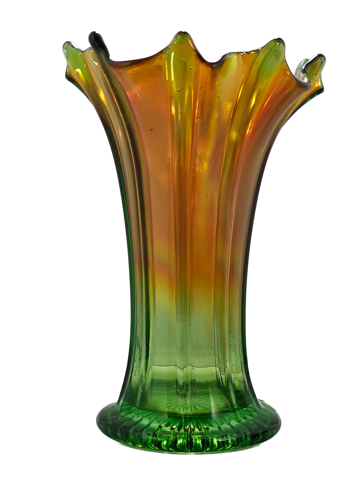 Northwood Thin Ribbed Swung Marigold Green Carnival Glass Vase