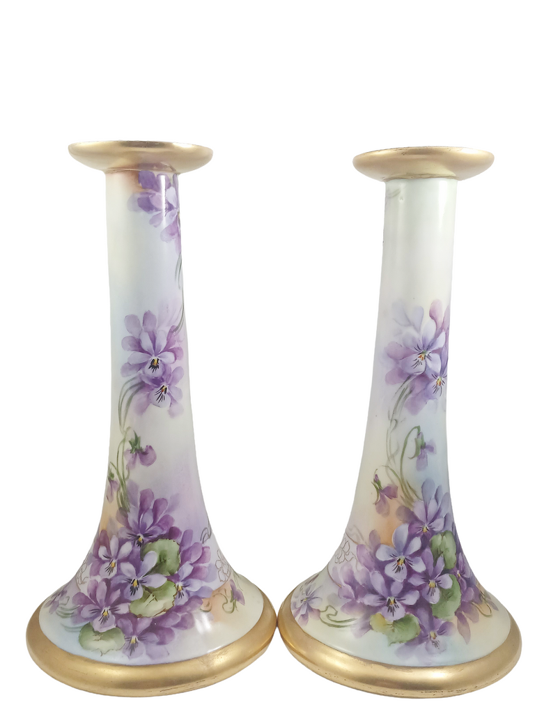 Limoges Porcelain Candle Holders Hand Painted Violets Artist Signed Perl