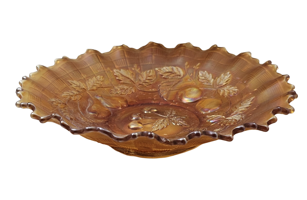 Northwood Marigold Three Fruits Carnival Glass Bowl Basket Weave Back