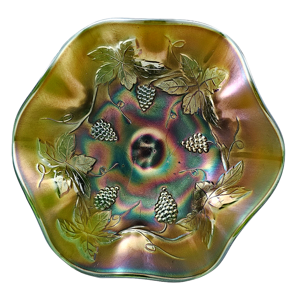Fenton Grape & Leaves Green Carnival Glass Compote