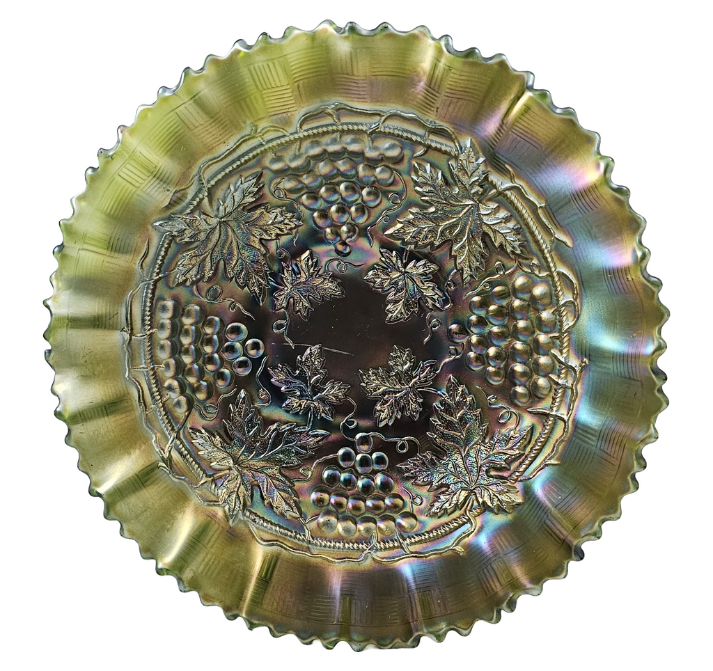 Antique Vintage Northwood Glass Green Grape and Cable Carnival Glass Bowl