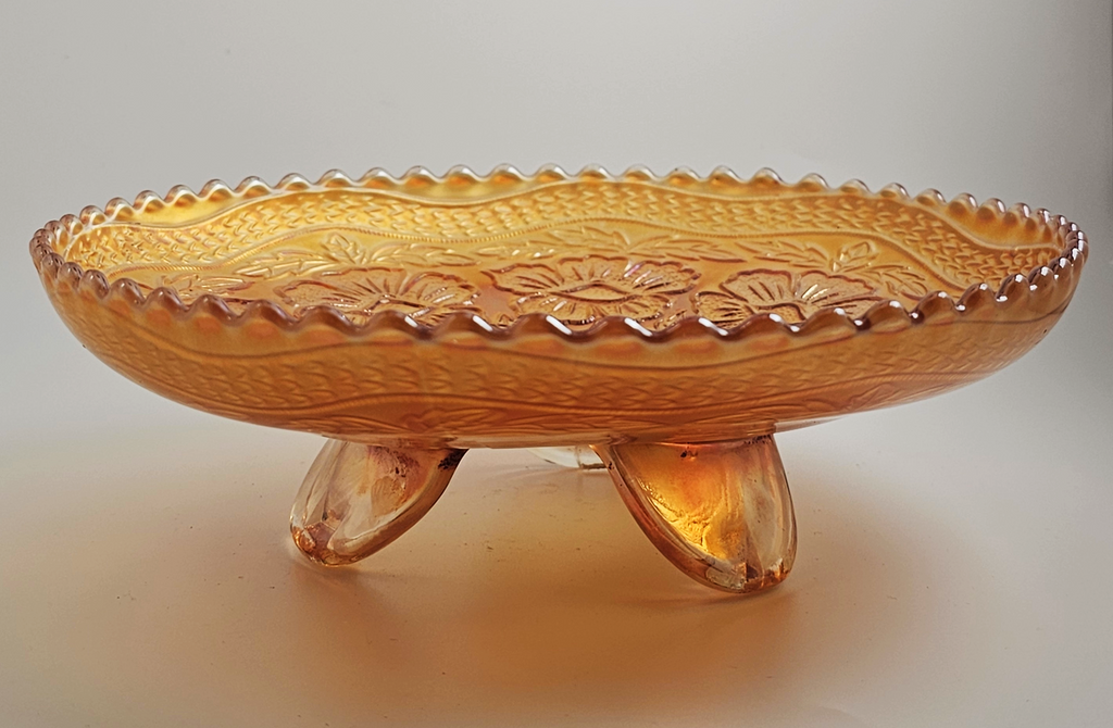 Fenton Marigold Carnival Glass Footed Bowl: Dogwood & Marsh Lily Pattern