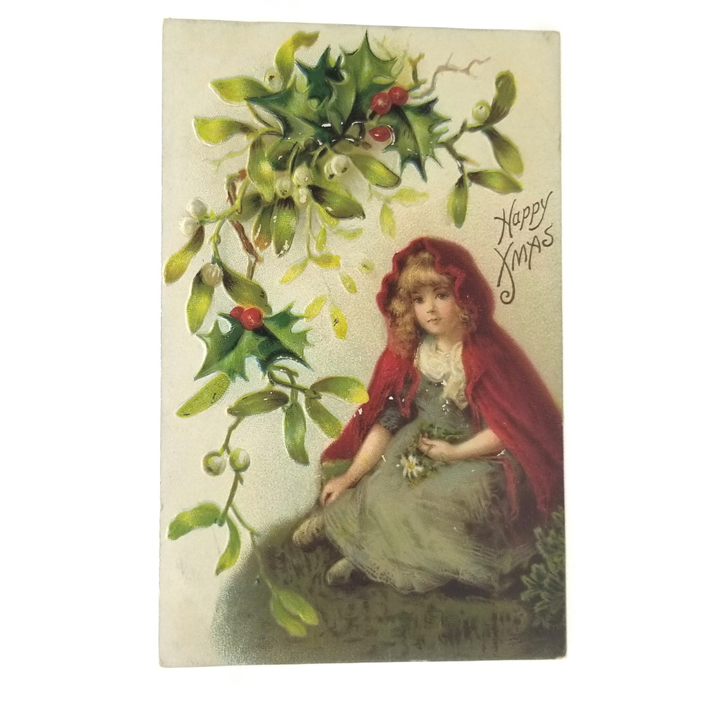 Vintage Christmas Postcard, Antique Holiday Card, Little Girl in Red Cape with Holly