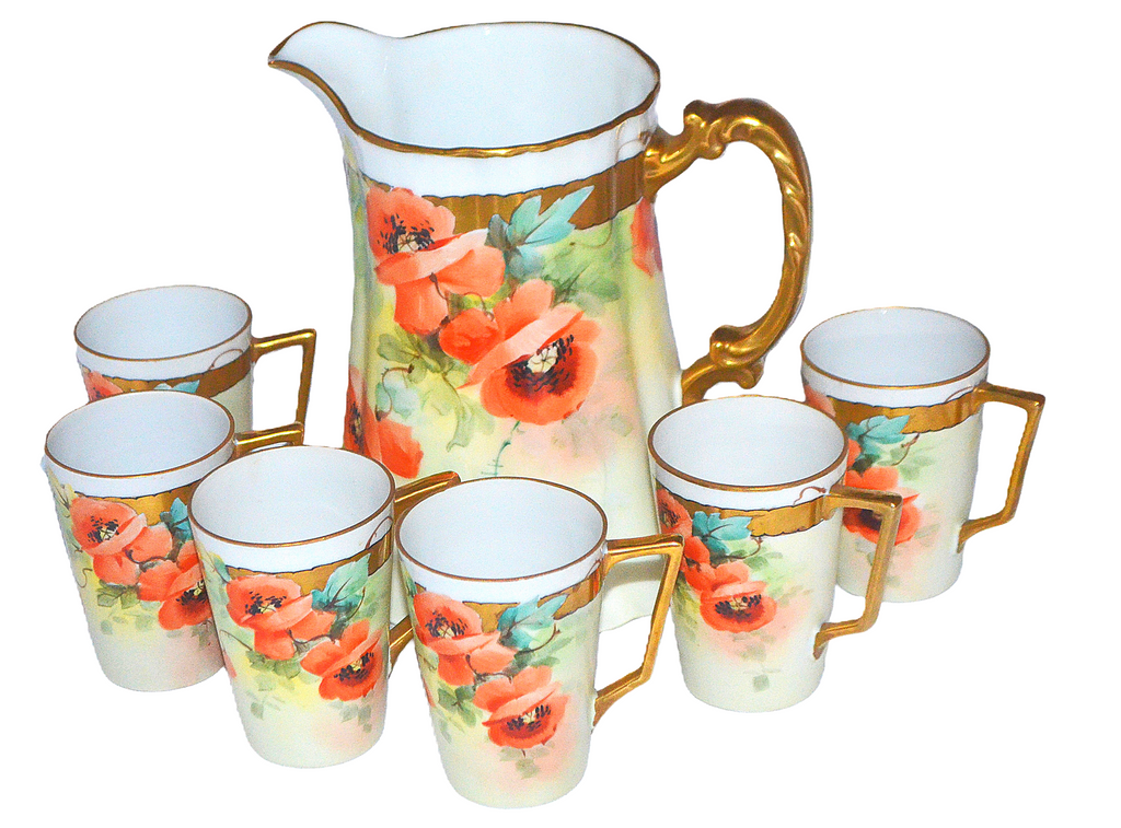 Bavaria Porcelain 7pc Painted Poppies Lemonade Water Set