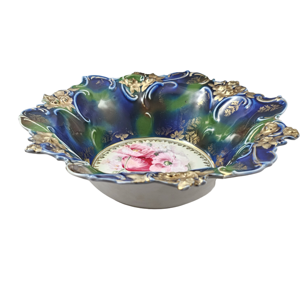 Large RS Prussia Deep Floral Bowl Cobalt & Green Gold Gilt w/ Pink Poppies