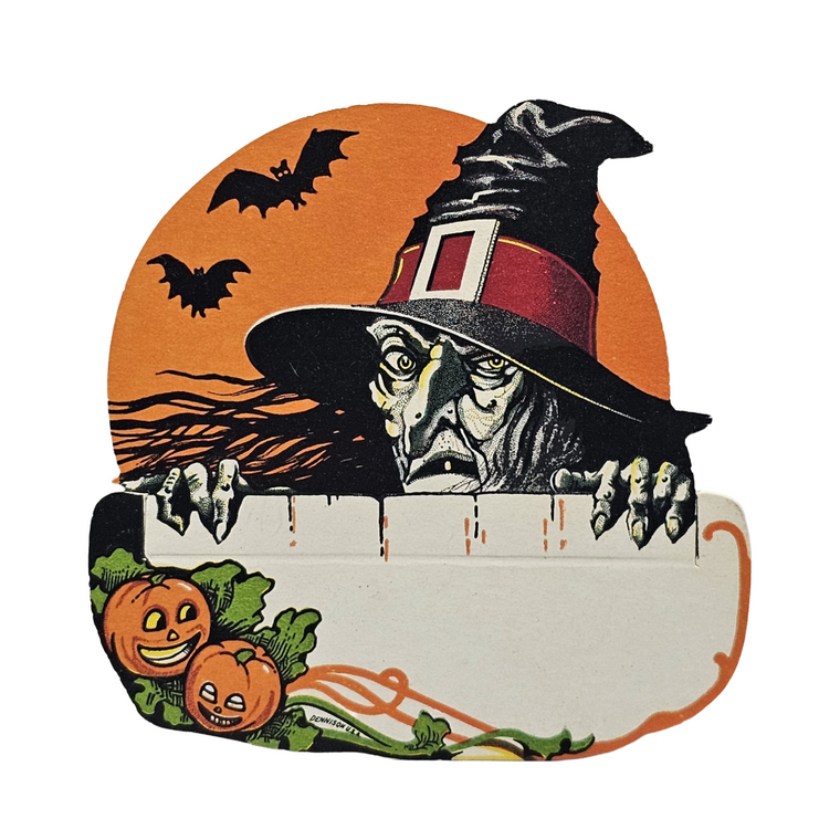 Vintage Halloween Place Card Dennison Die Cut Scary Witch with Moon