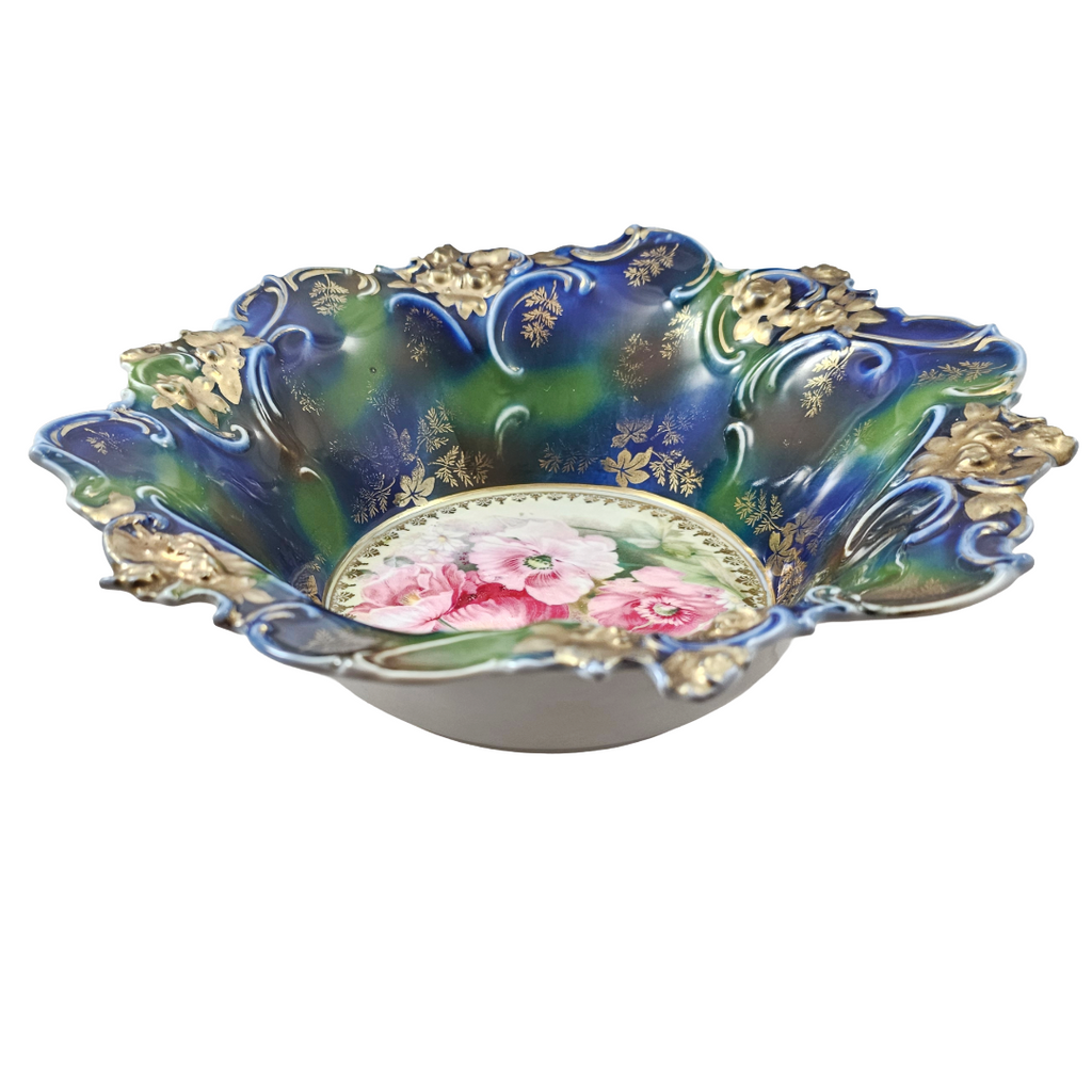 Large RS Prussia Deep Floral Bowl Cobalt & Green Gold Gilt w/ Pink Poppies