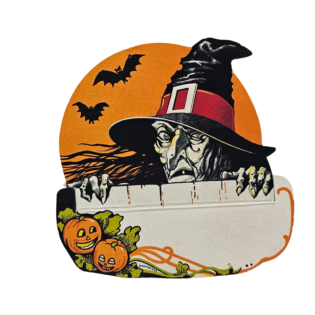 Vintage Halloween Place Card Dennison Die Cut Scary Witch with Moon