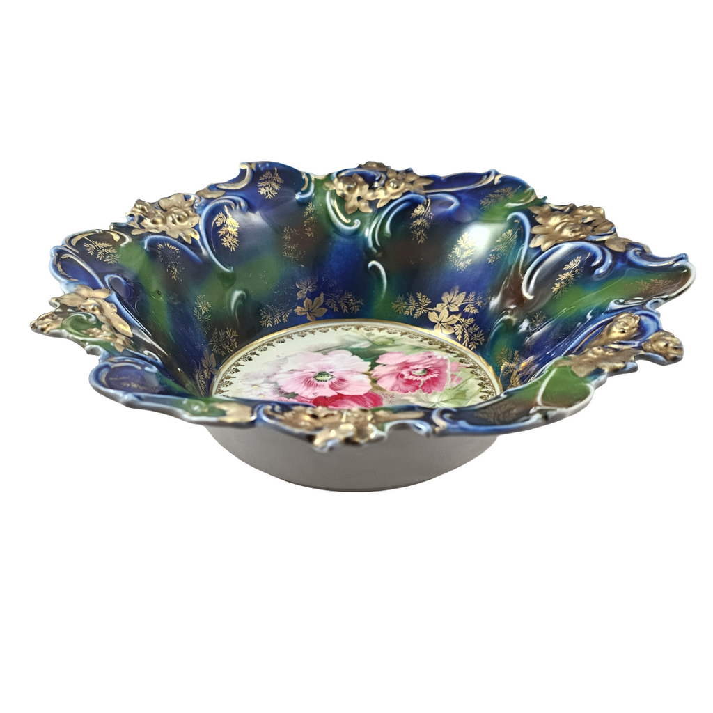 Large RS Prussia Deep Floral Bowl Cobalt & Green Gold Gilt w/ Pink Poppies