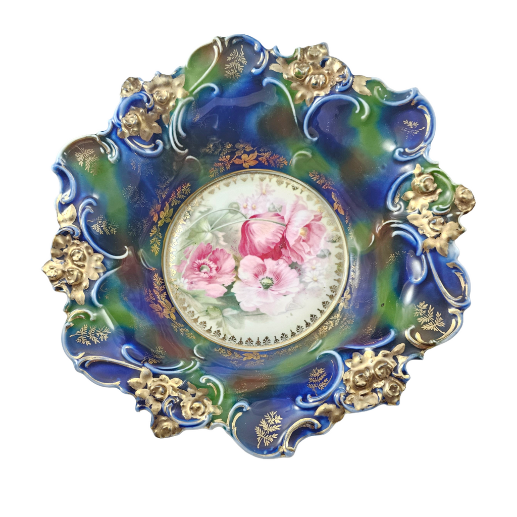 Large RS Prussia Deep Floral Bowl Cobalt & Green Gold Gilt w/ Pink Poppies