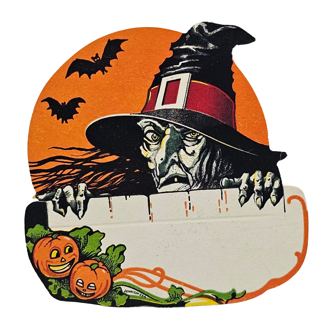 Vintage Halloween Place Card Dennison Die Cut Scary Witch with Moon