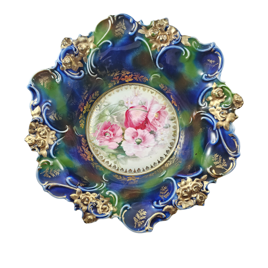 Large RS Prussia Deep Floral Bowl Cobalt & Green Gold Gilt w/ Pink Poppies