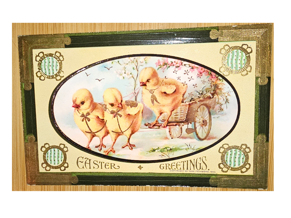 Antique Easter Postcard, Vintage Holiday Post Card, Baby Chicks Pulling Flowers Egg Wagon Gel Finish Gold Border Max Feinberg Pub