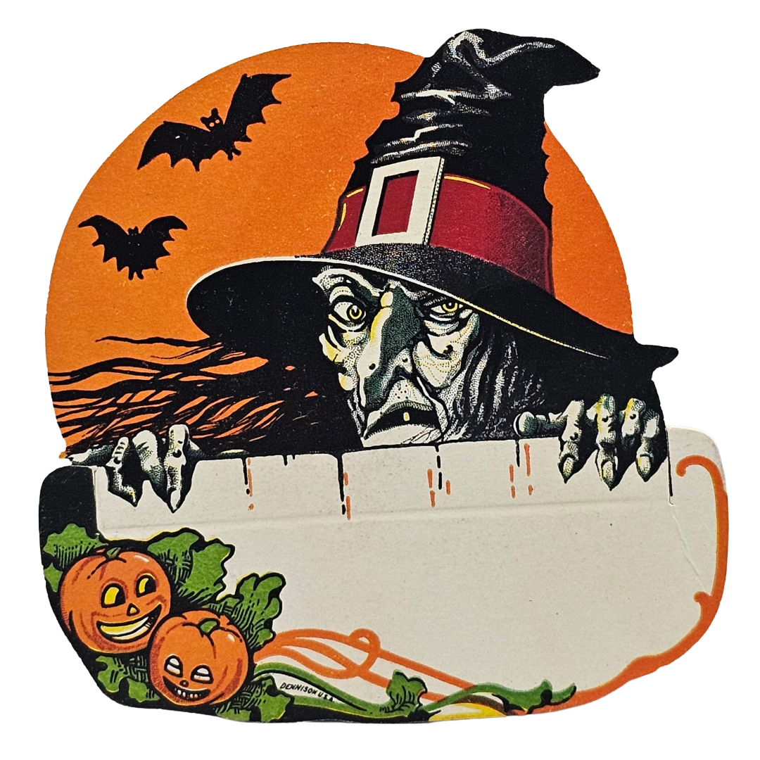 Vintage Halloween Place Card Dennison Die Cut Scary Witch with Moon