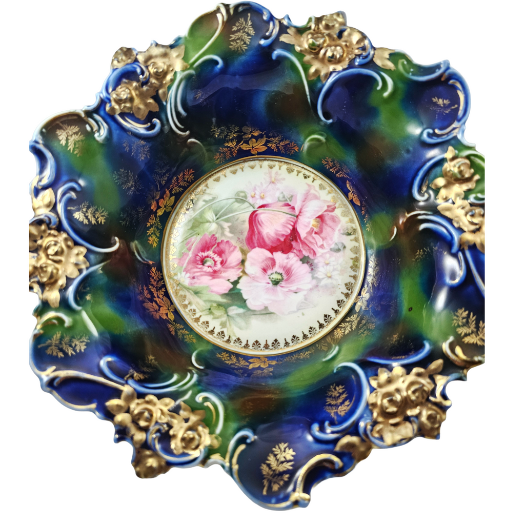 Large RS Prussia Deep Floral Bowl Cobalt & Green Gold Gilt w/ Pink Poppies
