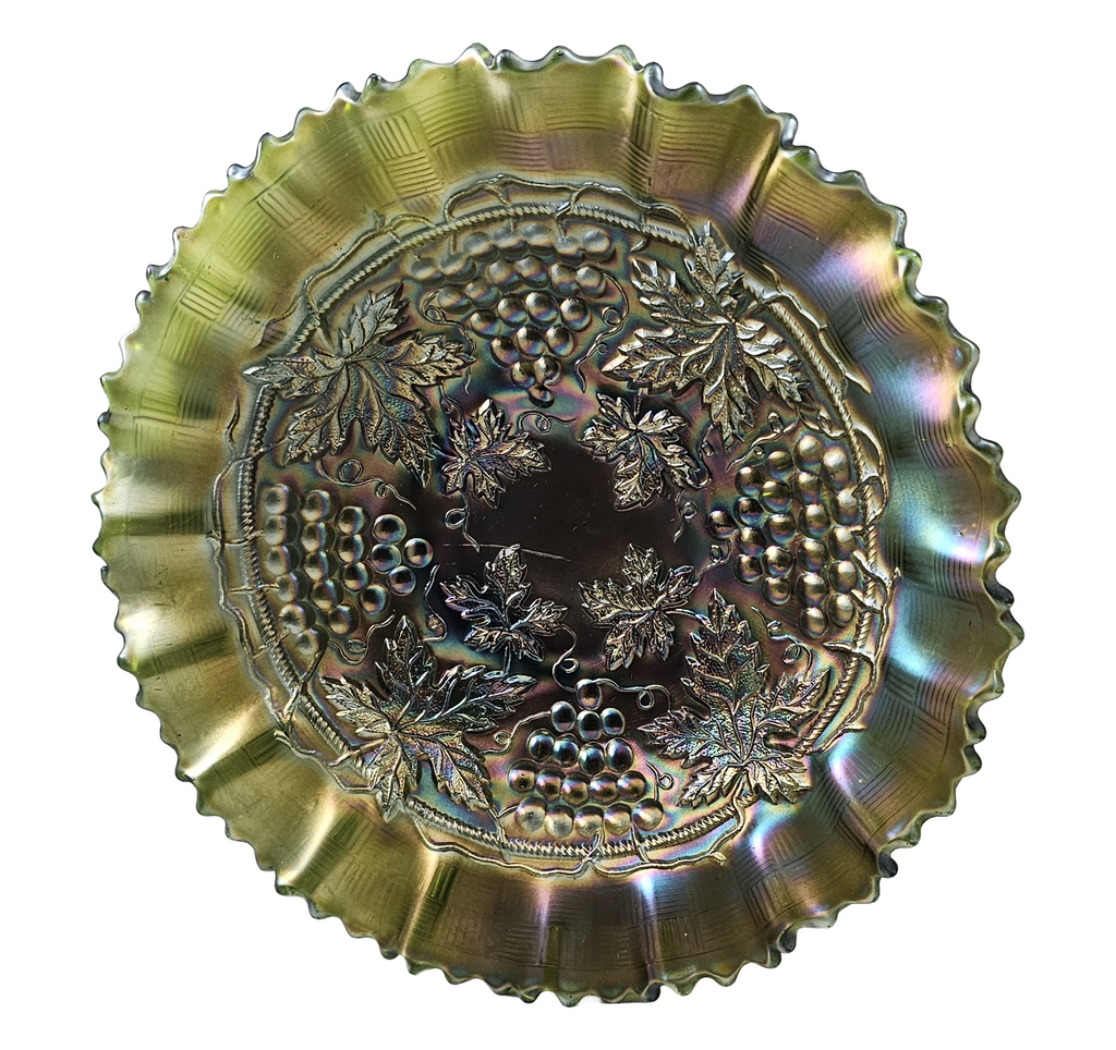 Antique Vintage Northwood Glass Green Grape and Cable Carnival Glass Bowl