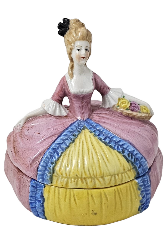 German Porcelain Powder Box Dresser Jar Half Doll Lady Trinket Box
