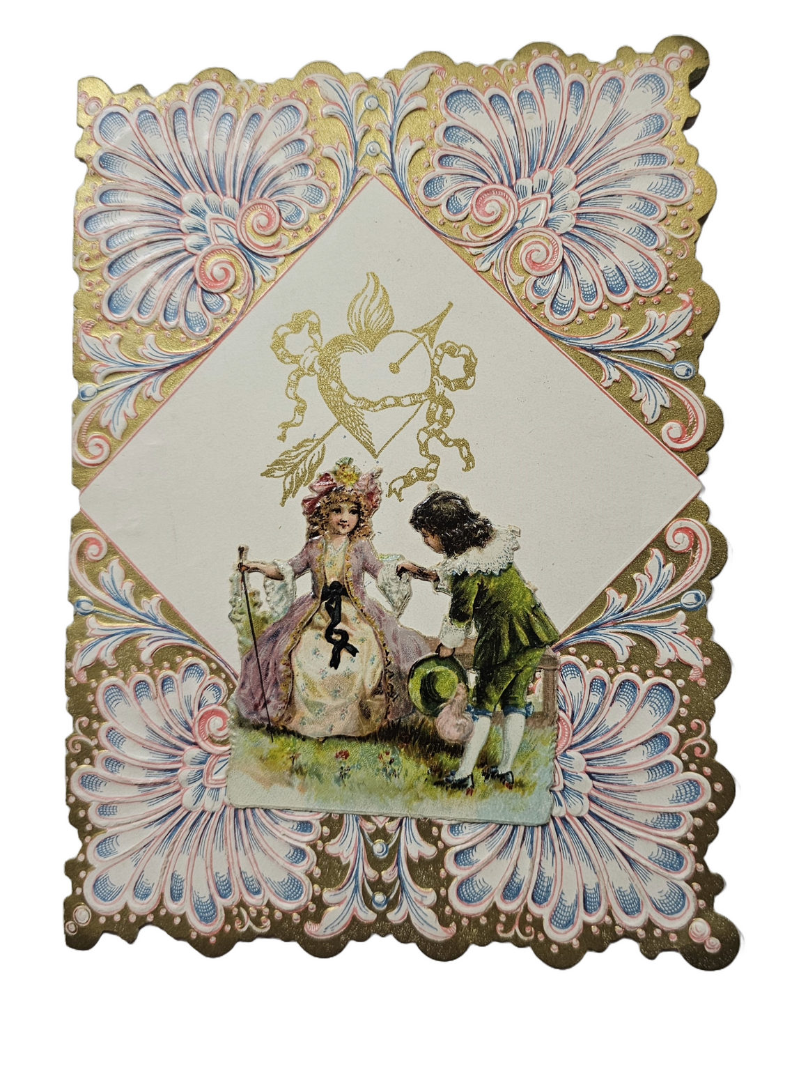 Vintage Antique Die Cut 1900 Valentine Card Chromolitho with Embossed Pink Blue & Gold Background and Applied Couple