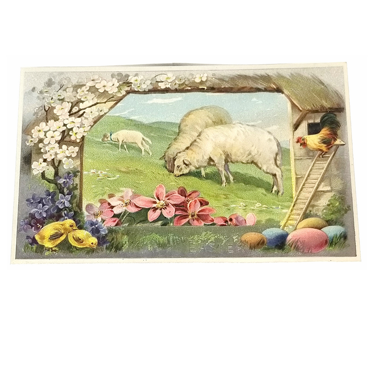 Easter Postcard Sheep in Meadow with Silver Background Spring Trees and Painted Eggs