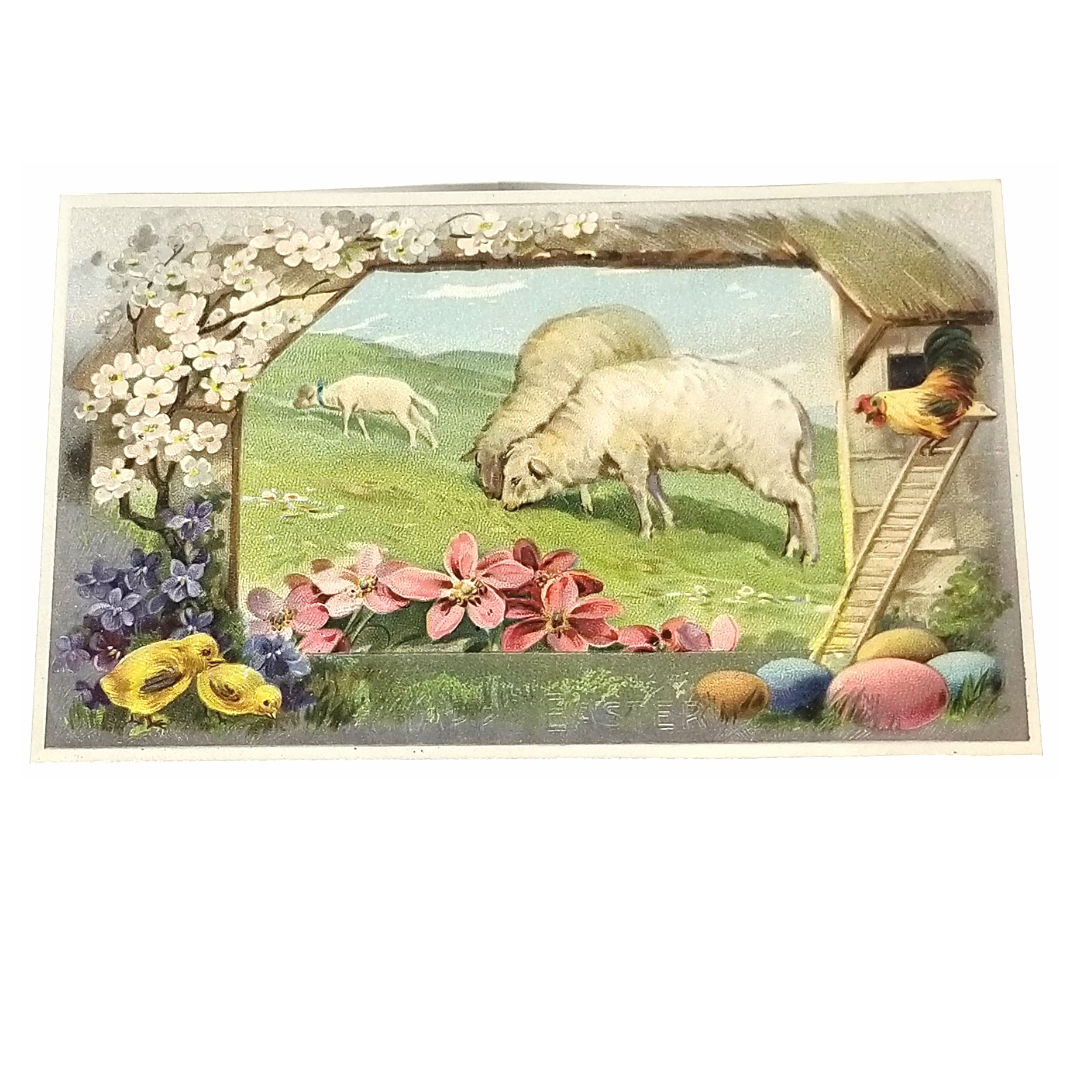 Easter Postcard Sheep in Meadow with Silver Background Spring Trees and Painted Eggs