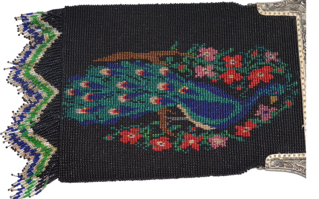 Antique Vintage Handmade Scenic Handbag Beaded PEACOCK PURSE