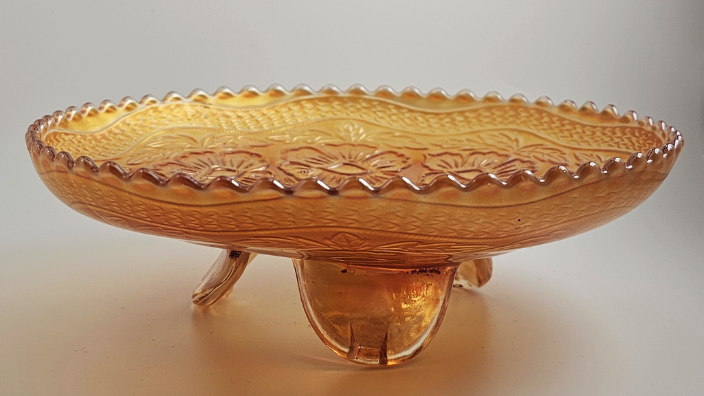 Fenton Marigold Carnival Glass Footed Bowl: Dogwood & Marsh Lily Pattern