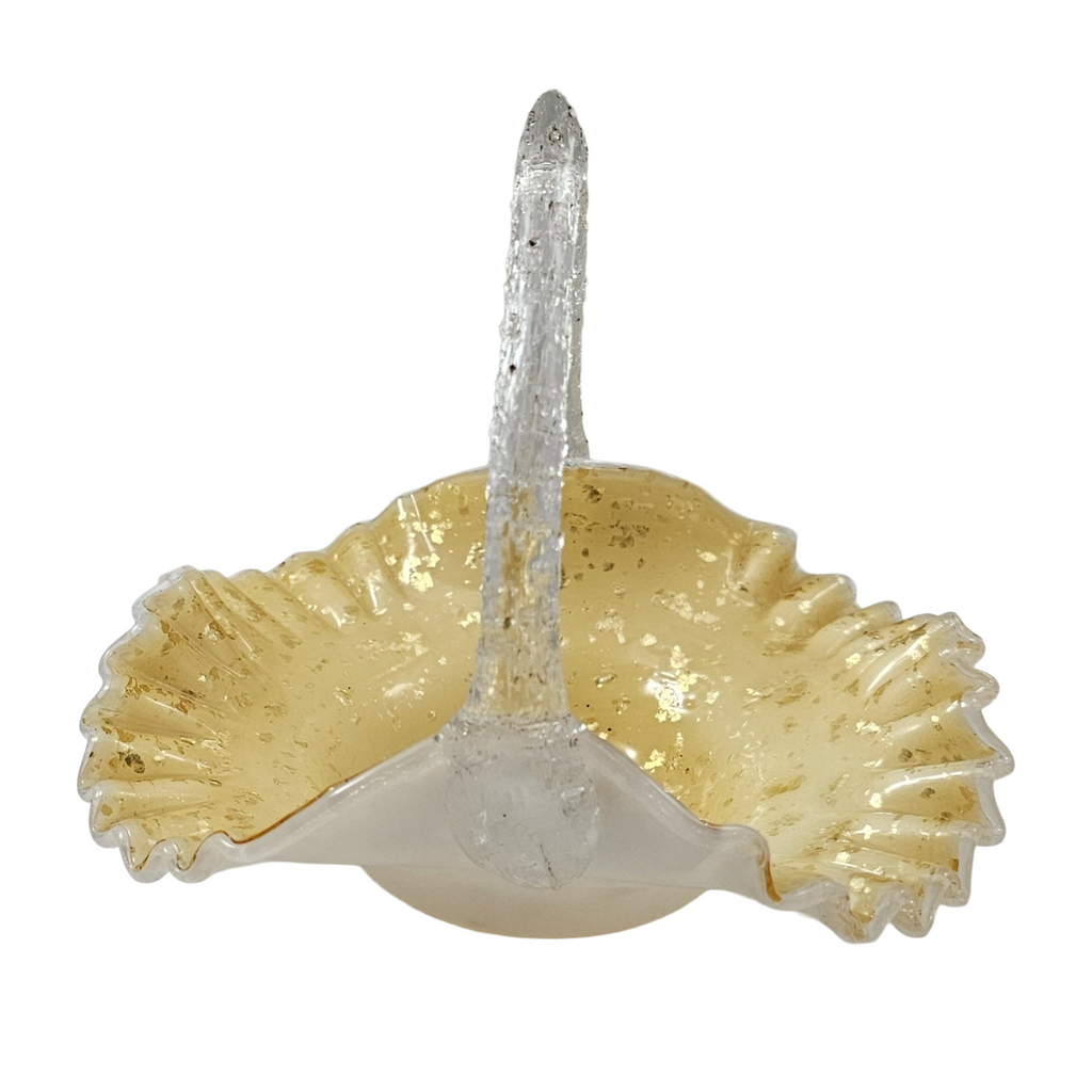 Victorian Cased Art Glass Basket Gold Mica Ruffle Rim Thorn Handle