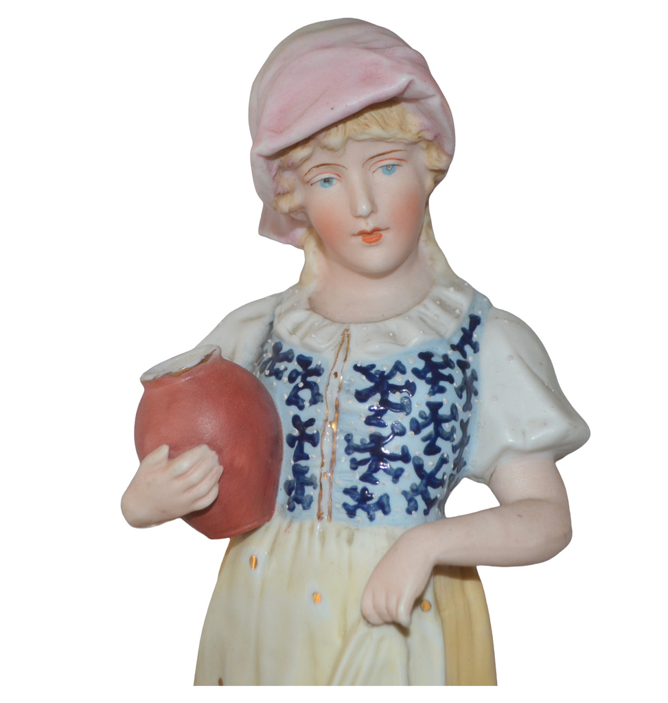 Heubach Bisque Porcelain Parlor Statue Peasant Woman Holding Jug
