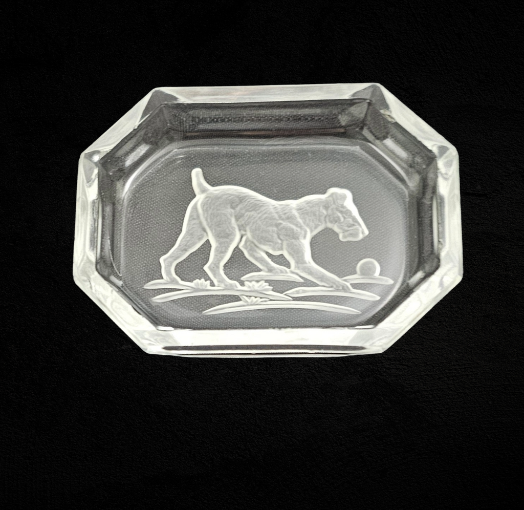 Art Deco Bohemian Czech Intaglio Glass Open Salt Cellar Schnauzer Dog w/ Ball