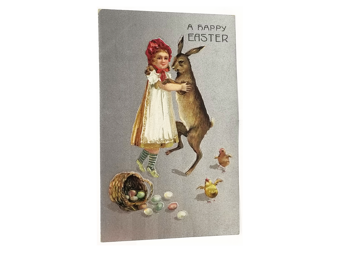 Antique Vintage German Easter Postcard, Embossed Card with Little Girl Dancing with Large Bunny Rabbit Baby Silver Background