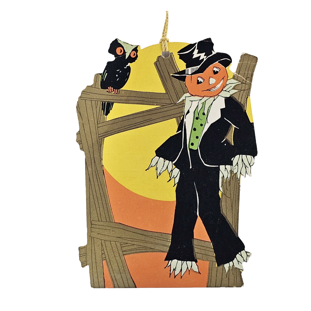 Vintage Whitney Halloween Tally Card Die Cut JOL Pumpkin Scarecrow Man