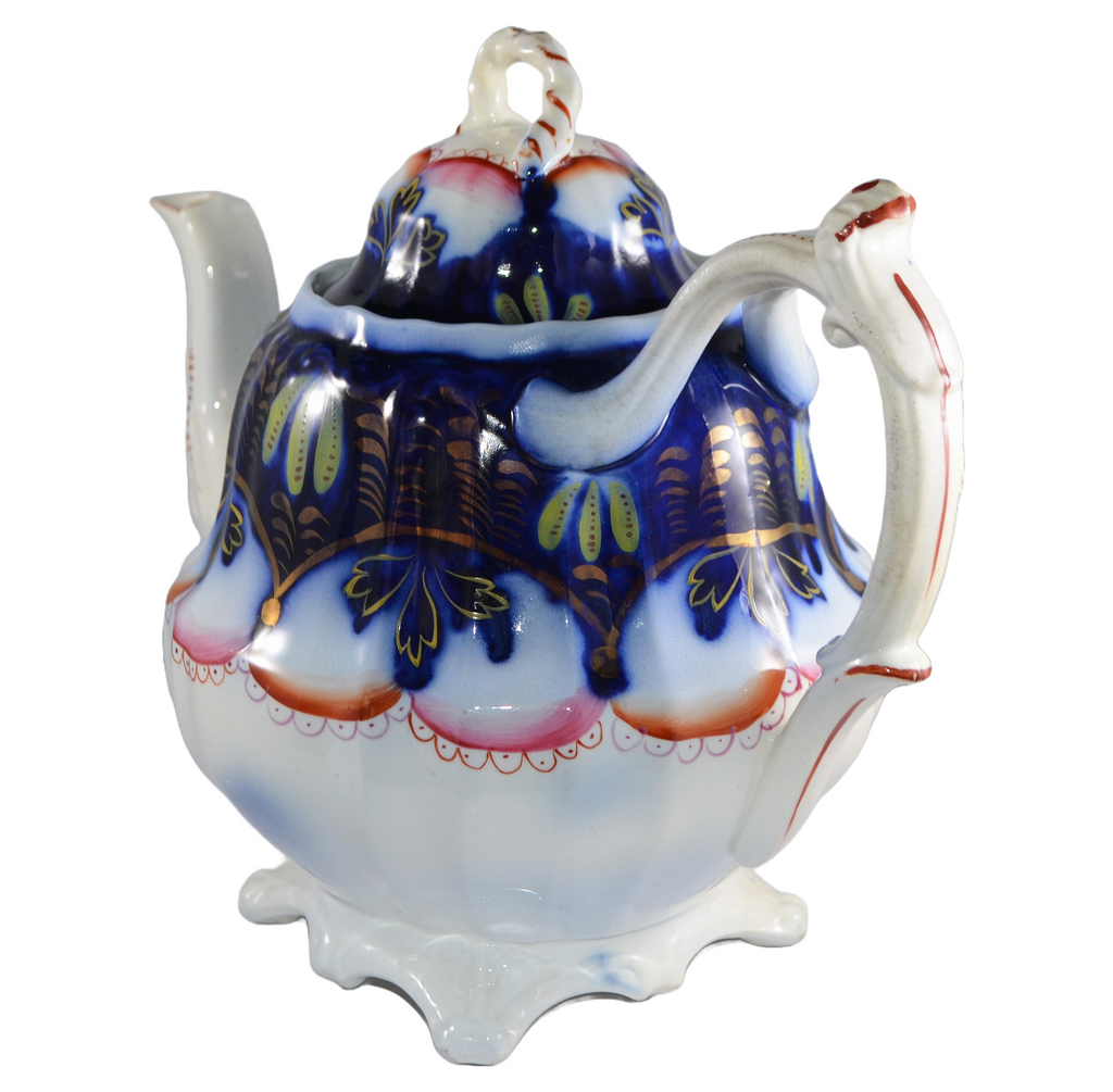 19th Century Rare Staffordshire Gaudy Welsh Ironstone Banana Flow Blue Teapot