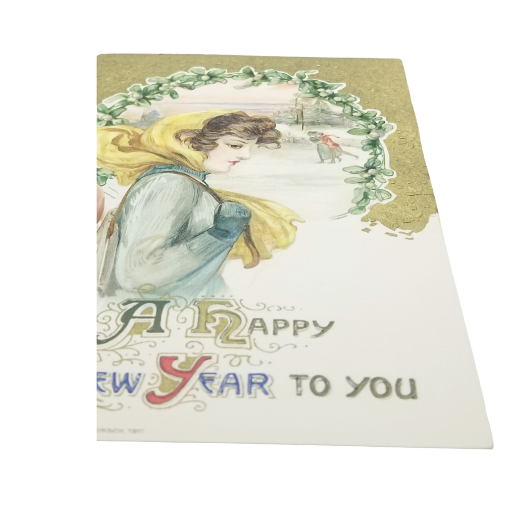 New Year Postcard Woman Blue Yellow Dress Skating Scene Winsch Schmucker