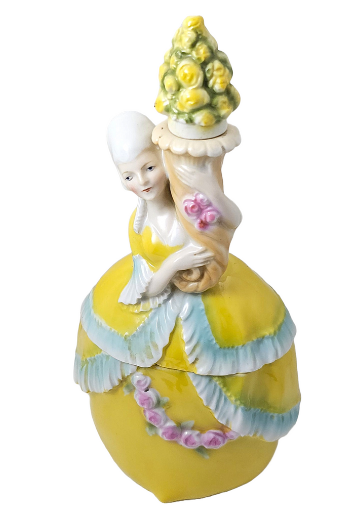 Bavarian Porcelain Erphila Yellow Figural Woman Powder Box Jar & Perfume Half Doll