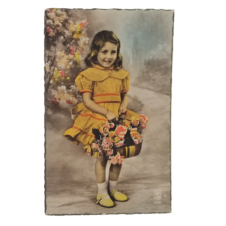 Real Photo Studio Postcard Young Girl Holding Basket of Flowers Hand Tinted